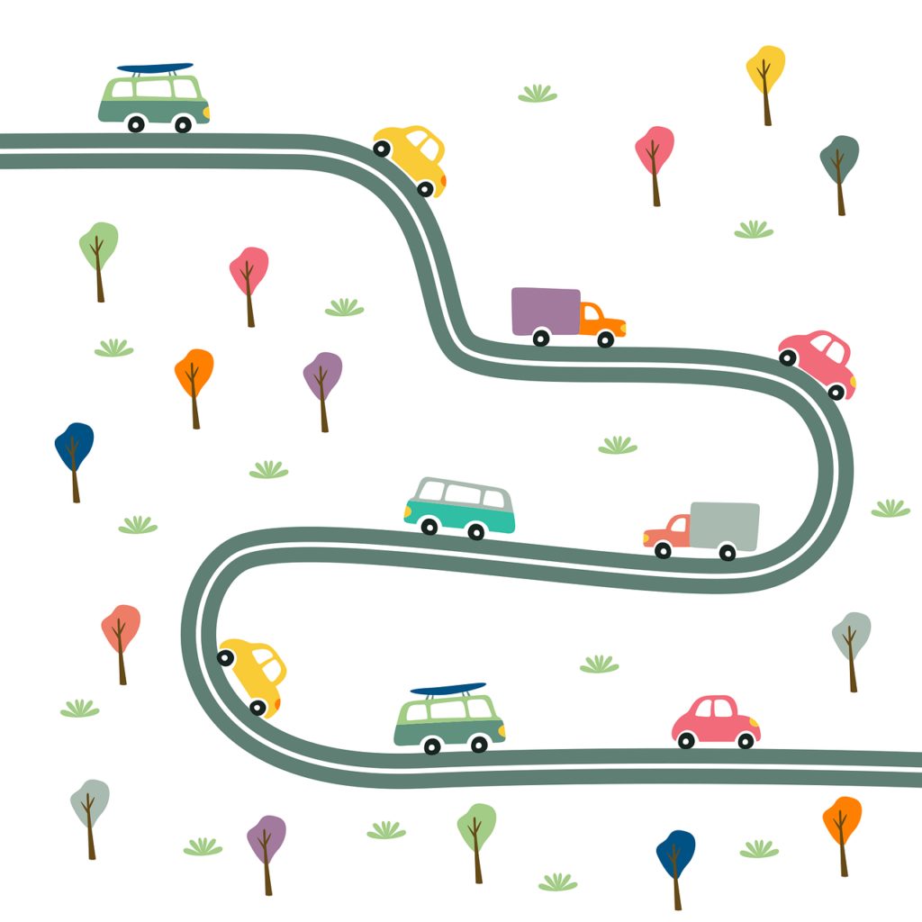 Kleurrijke, speelse illustratie van auto's en bestelbusjes op een kronkelende weg.